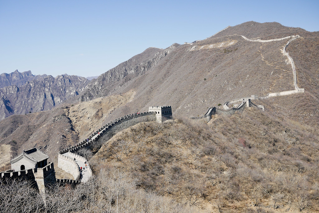 Views toward Watchtower 21 and beyond on the Great Wall of China at Mutianyu.