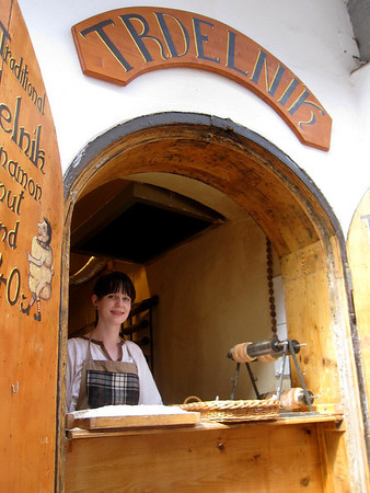 A street-side vendor of trdelnik deserts in town. tredlnik stand in cesky krumlov old town