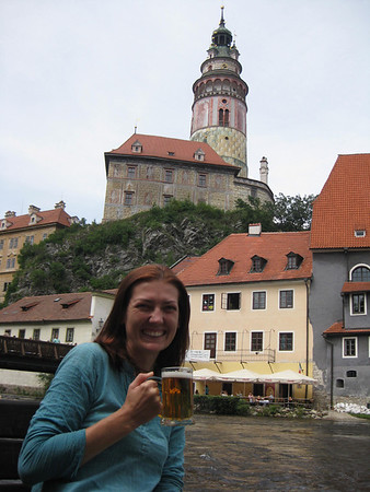 Enjoying a cool beer alongside the river, with views of the pretty tower. vltava river cesky krumlov