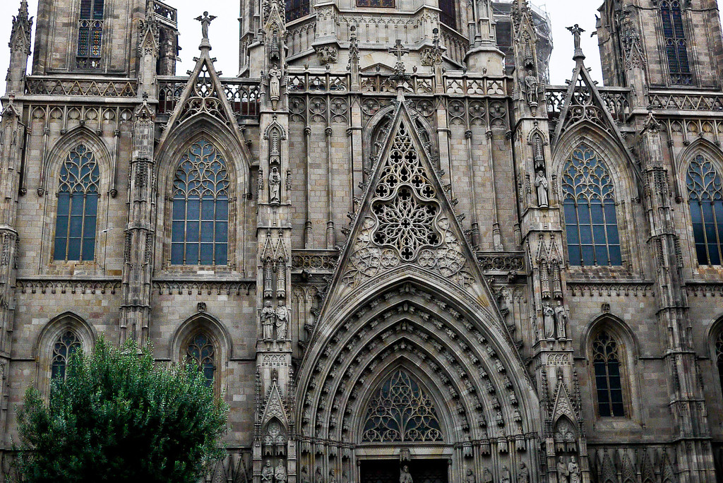 The gorgeous entryway to Santa Maria del Mar, a church with Catalan Gothic styles, in Barcelona, Spain.