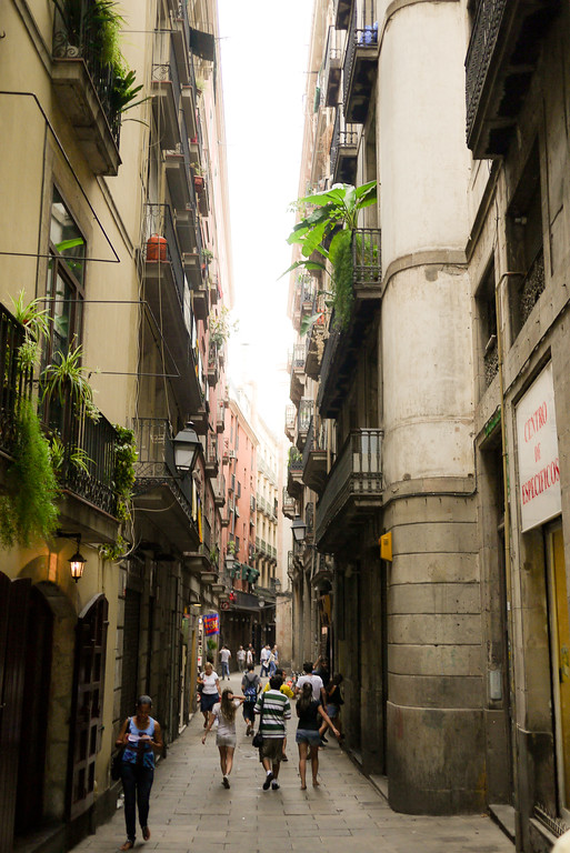 The thin streets of the Gothic Quarter in Barcelona, Spain.