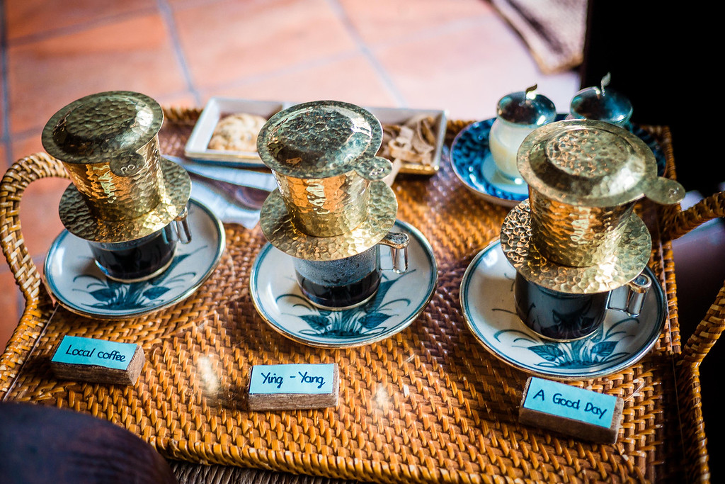 A coffee sampler so our group could try traditional Vietnamese coffees, which are really strong! try traditional vietnamese coffee