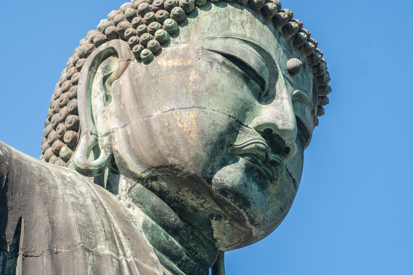 Daibutsu, the Great Buddha of Kamakura sits against a picture-perfect blue sky. Daibutsu at Kōtoku-in temple in
