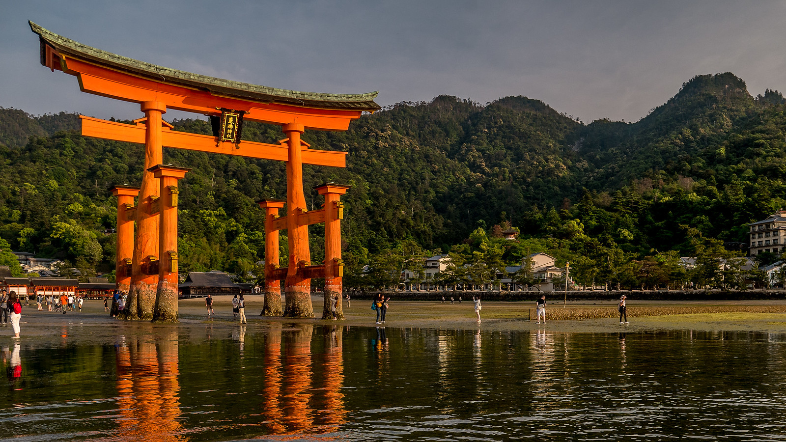 The tide left as the sun began to set and all the visitors took to the sand around Itsukushima Shrine and played with the reflections in the water. tide out on Itsukushima shrine
