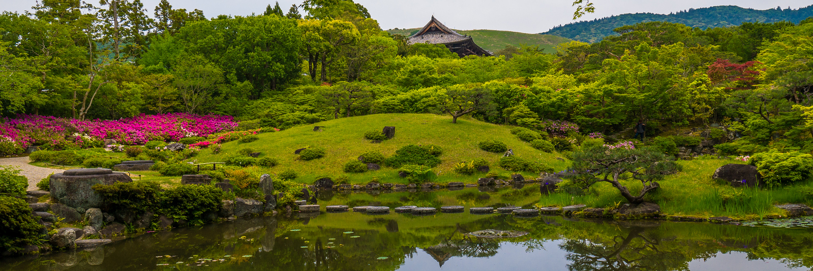 The pretty Isuien Garden in Nara. Traveling through Japan taught me more about garden landscaping than I thought possible. This is garden uses a technique called shakkei; it borrows the surrounding landscape to form a perfectly stacked composition. The far temple is a part of Todai-ji temple and the mountains beyond reflect prettily in the pond waters. I wandered these gardens two weeks ago on a warm Saturday and sat on a bench for a bit to read and absorb the scene. :) Isuien Garden in Nara japan