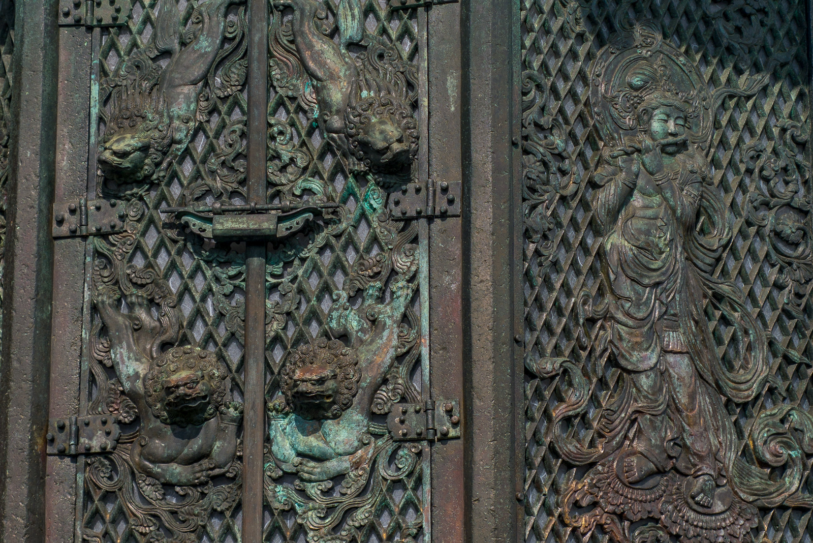 Aging copper at Todai-ji temple in Nara, Japan. Aging copper at Todai-ji temple in Nara, Japan.