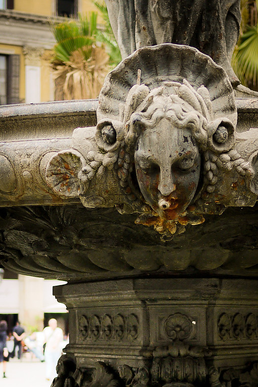 Up close with the fountain in the Plaza Real in Barcelona, Spain.