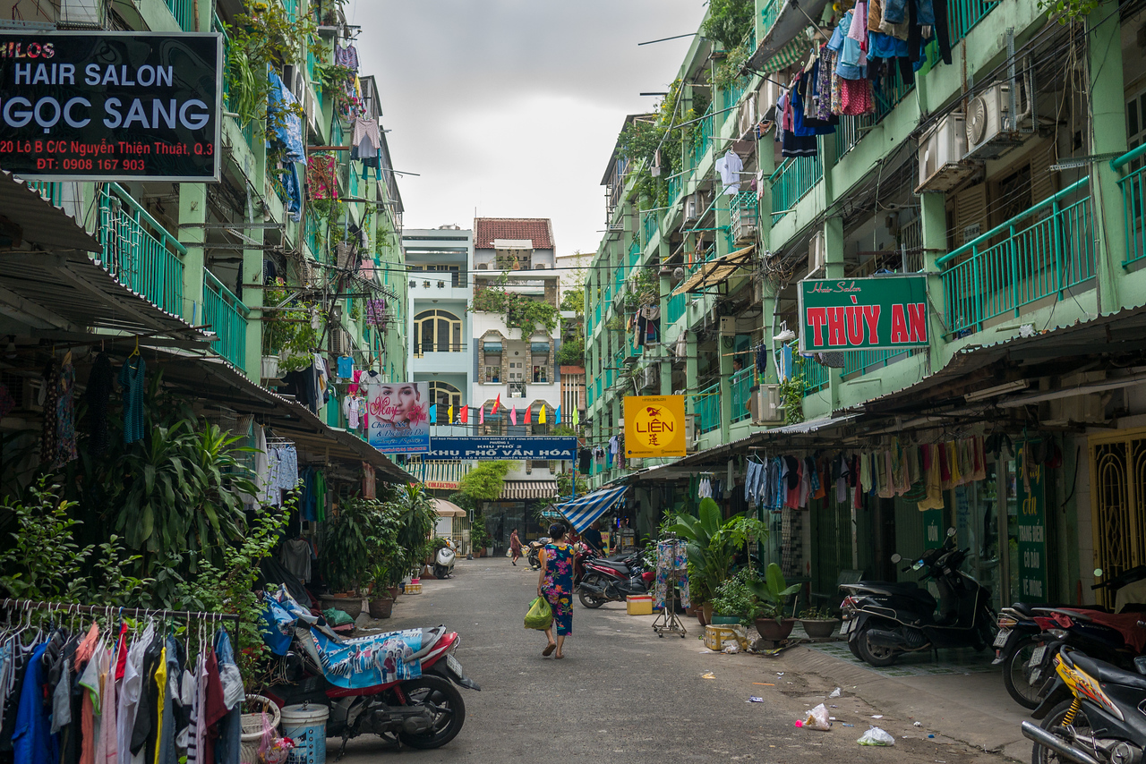 tightly packed apartment block in Ho chi Minh city