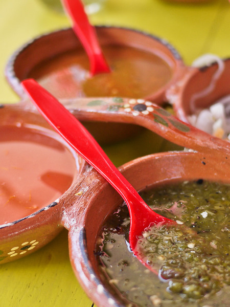 A pretty arrangement of salsas for the tacos and Mexican dishes. 