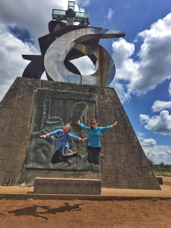 We jumped for joy at the lookout point near Santiago de Compostela — the end of the walk was in sight! End of the Camino de Santiago