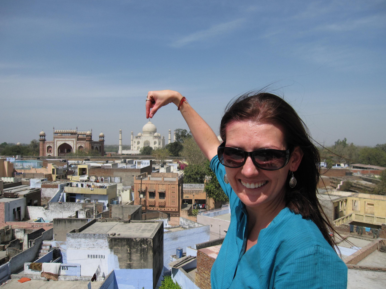 Pink skin from Holi and picking up the Taj Mahal from Agra.