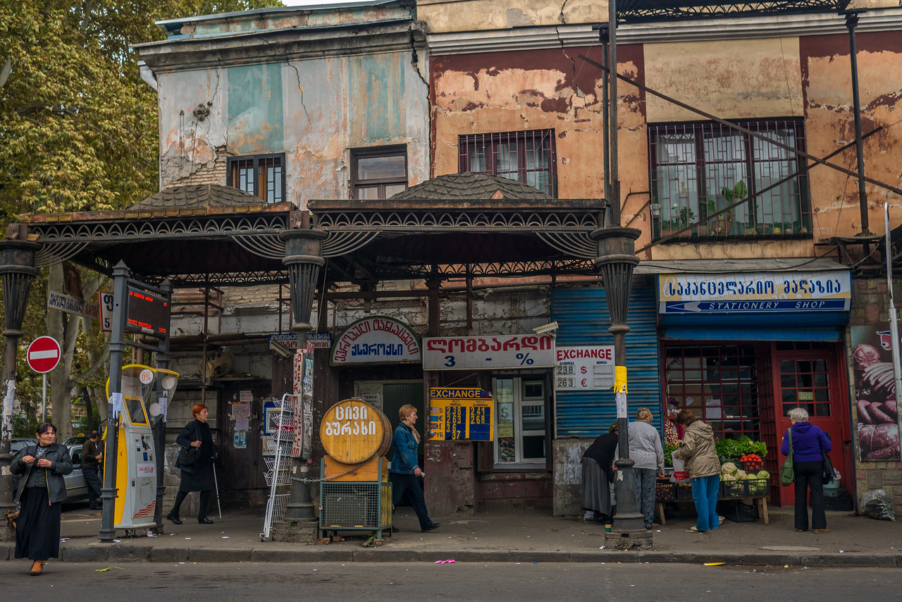 Street scenes in Tbilisi, Georgia of the old town and the crumbling buildings while life bustles.