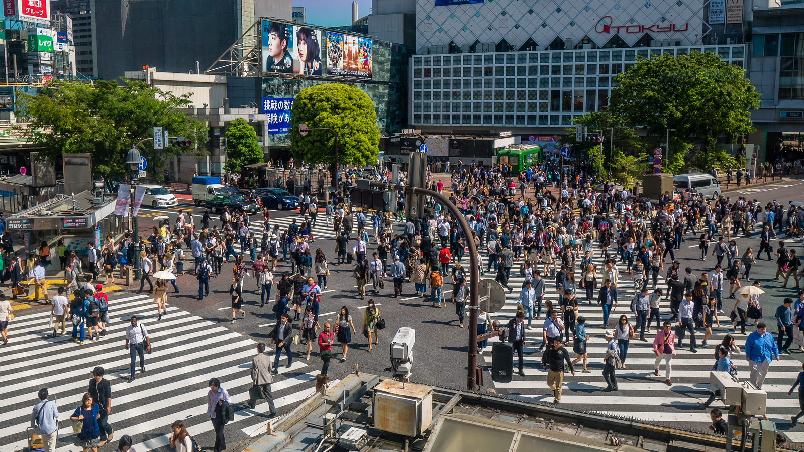 The famous Shibuya Crossing in Tokyo, Japan is rumored to be the busiest intersection in the world! This is the view from the Starbucks that happens when the light changes and pedestrians flood the intersection. Shibuya Crossing, Tokyo