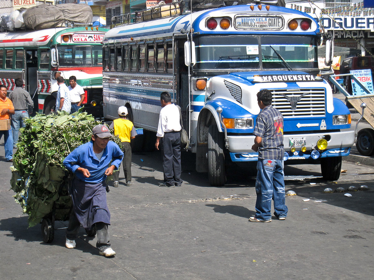 why a chicken bus guatemala—this guy is evidence of why. tons of vegetables will get hauled into the bus for transport