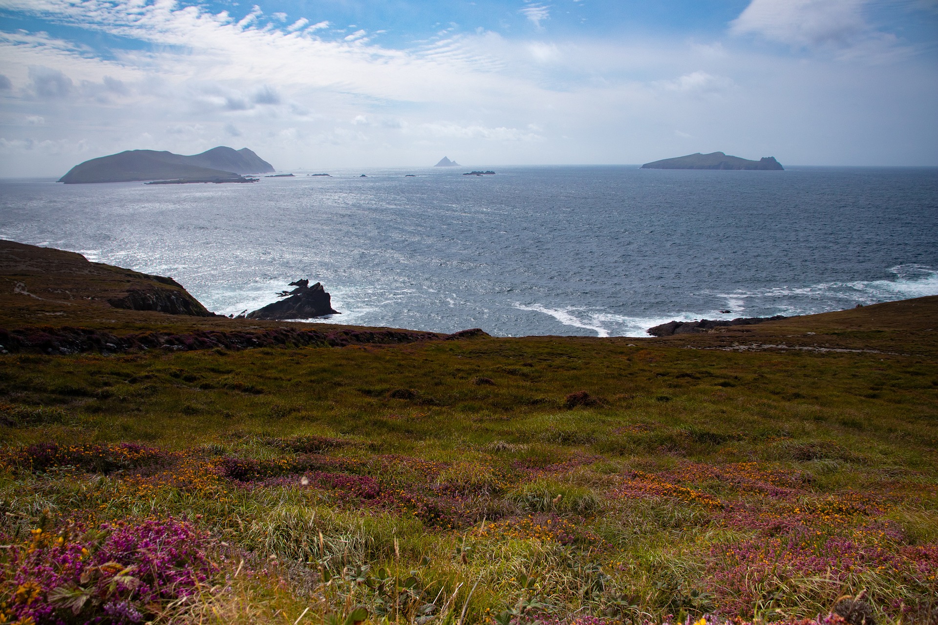 views of the blasket islands and the sleeping giant from a meadow