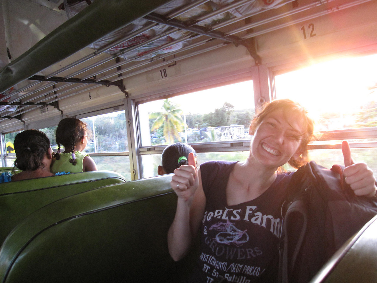 Riding on a very plain chicken bus in Belize to cross the border