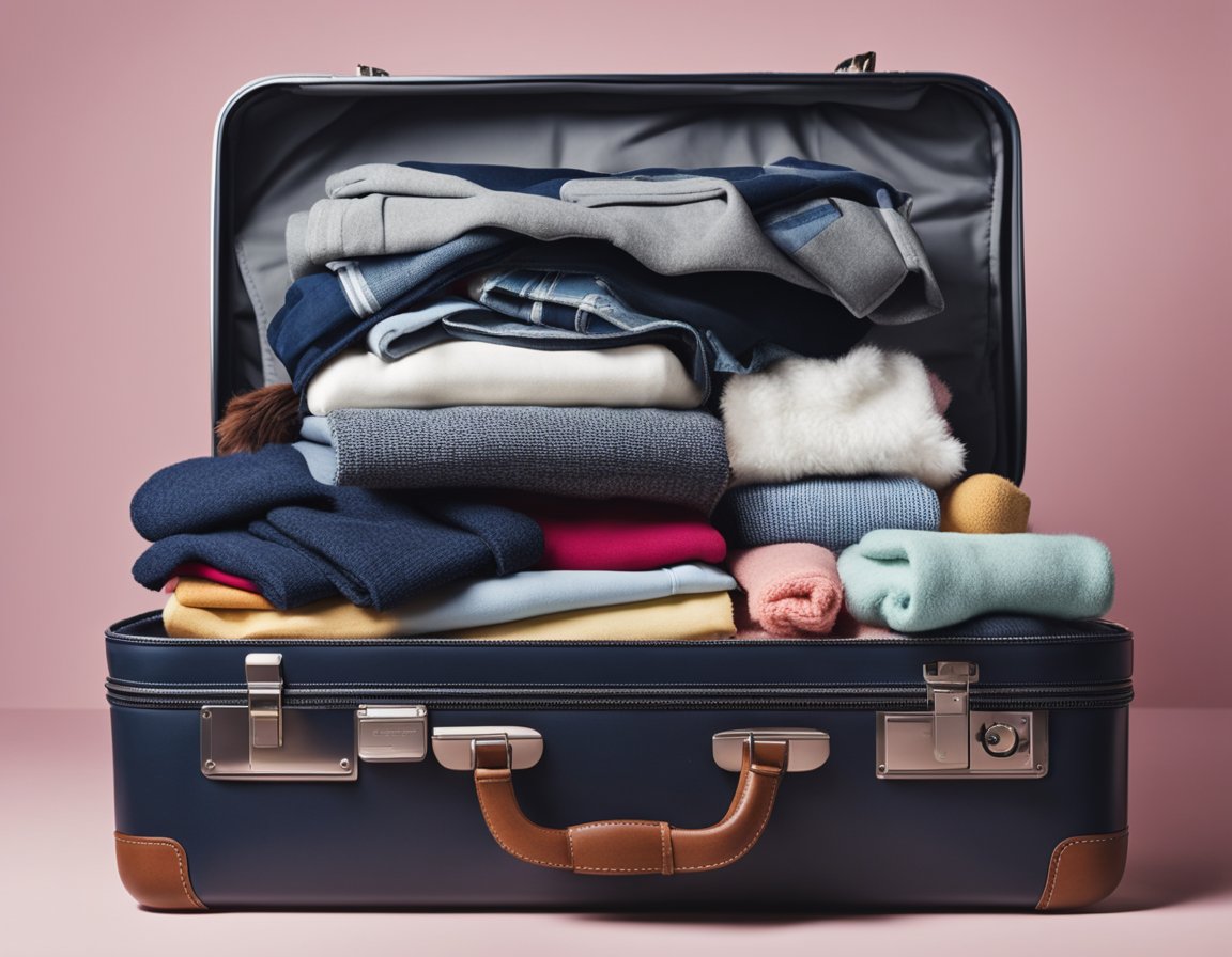 disorganized suitcase with clothes overflowing out of it