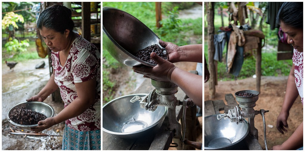 pressing cacao into chocolate in a sustainable community in Panama