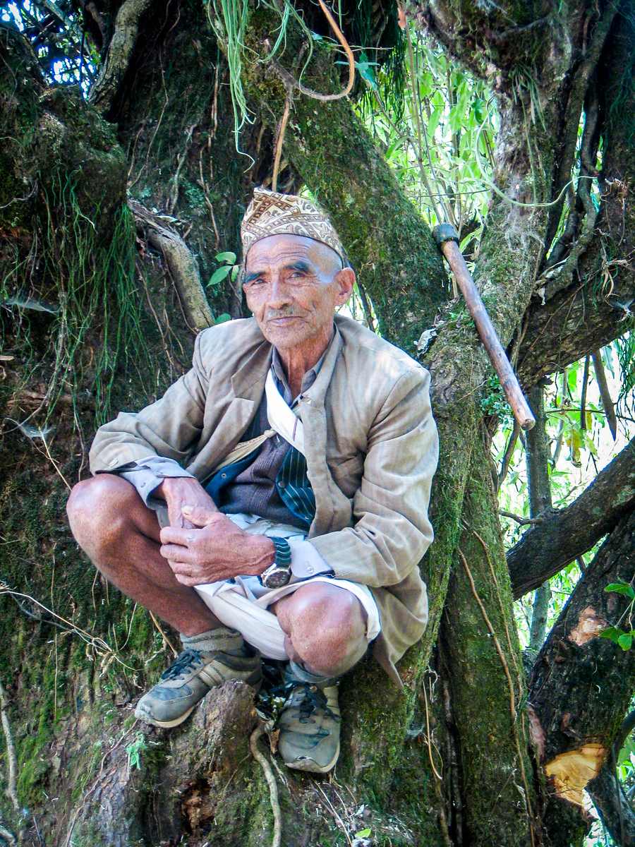 We spotted this man as we trekked. He was hanging out and taking a break in a tree. meeting locals while trekking in the himalaya